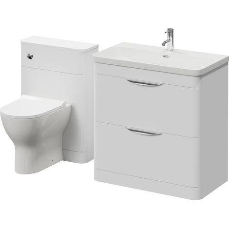 Oslo Gloss White 1350mm Wall Mounted Vanity Unit Toilet Suite with Fina Basin - 1350mm - Oslo Standard HandleWith Jubilee Toilet Pan and Seat