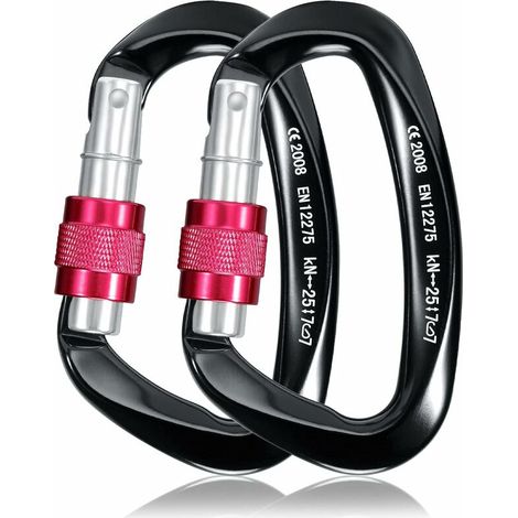 25 kN Kletterkarabiner, 2 Stück, hochbelastbarer D-förmiger Aluminium-Sicherheitskarabiner mit Verriegelung für Camping, Bergsteigen, Wandern, Rettungseinsätze, Angeln, Abseilen, Hängematten (Schwarz)
