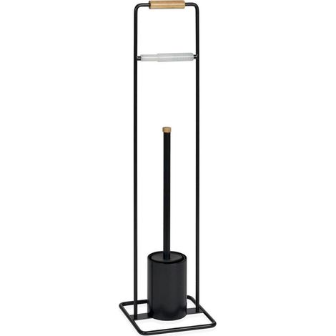 Porte papier toilette design métal noir et bois avec balayette - noir mat et bois naturel (1/2)