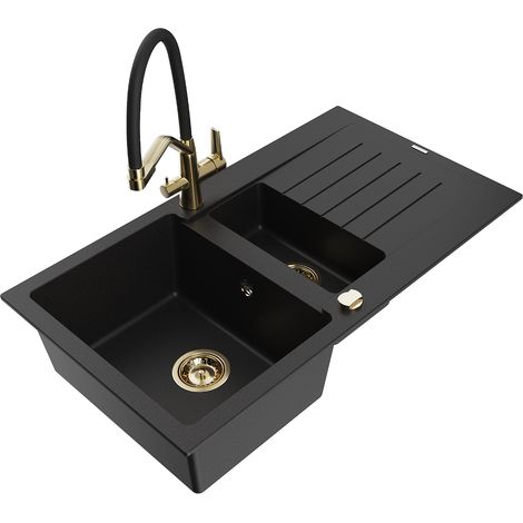 Mexen Matias lavello in granito 1,5 vasche con scolapiatti e rubinetto cucina Duo, nero - 6502-77-671701-57-G (1/5)