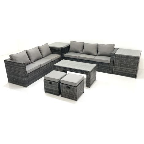 Fimous Garden Outdoor Rattan Furniture Set with Sofa Coffee table 2 Small Footstools 2 Side Tables Dark Grey Mixed (1/5)