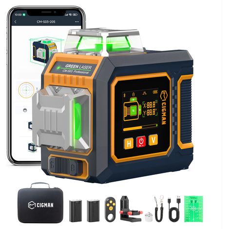 Niveau Laser 360 Autonivelant 3x360°, Laser Vert Chantier avec Grand Écran LCD Latéral, Contrôle APP Bluetooth, Support Magnétique en L, 2 Batteries Li-ion, Laser Niveau (1/5)