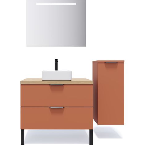 Meuble de salle de bain suspendu vasque à poser 90cm 2 tiroirs Terracotta + miroir + colonne ouverture droite - Soho (1/5)