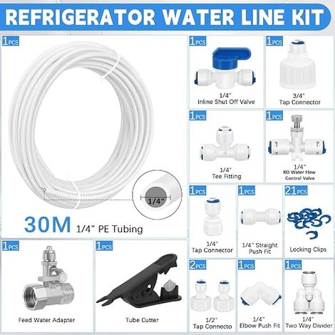 30m Tuyau d'Alimentation en Eau Universel, 35 Pièces Kit de Connecteur de Tuyau de Réfrigérateur 1/4", pour Réfrigérateur, Systèmes d'Osmose Inverse (Type Y + T + I + L + Vanne d'Arrêt + Coupe-tube) (1/4)