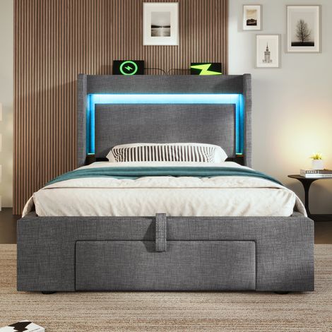 Lit rembourré 90x200 cm avec rangement hydraulique, tête de lit avec compartiment de rangement, éclairage LED et ports USB & USB-C, cadre de lit à lattes en bois, gris, lin, sans matelas (1/5)