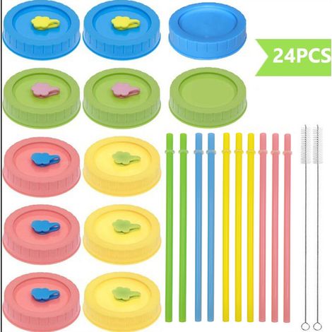 Couvercle Mason Bocal - Trou Pour Paille - Plastique Sans BPA - Joint Étanche En Silicone - Nettoyage Facile - 24 Pièces (1/5)