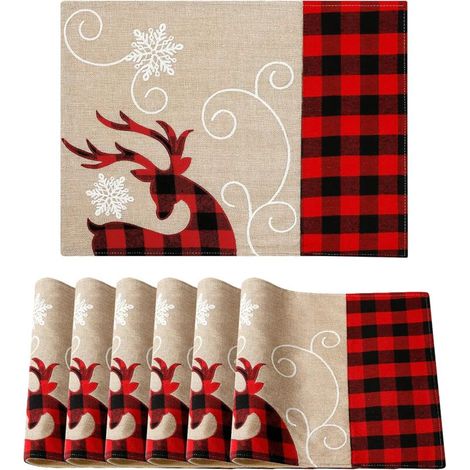 6 Pack Christmas Table Mats, Heat Resistant Placemats Dining Table Mats Christmas Table Decoration Deer Pattern 30 x 45 cm