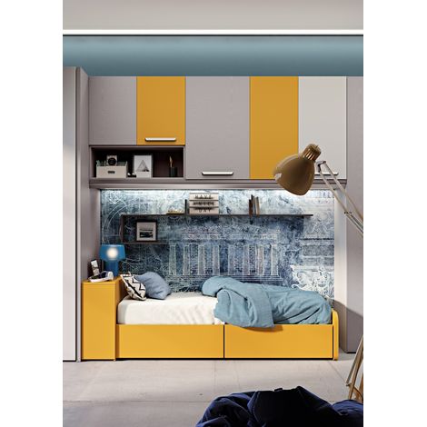 Letto singolo salvaspazio con cassetti e testata contenitiva - Bianco (1/5)