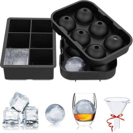 Juego de 2 bandejas de silicona para cubitos de hielo, molde grande y molde redondo con embudo, sin BPA, bandeja fácil de quitar para whisky, cócteles, comida para bebés y frutas. (1/4)