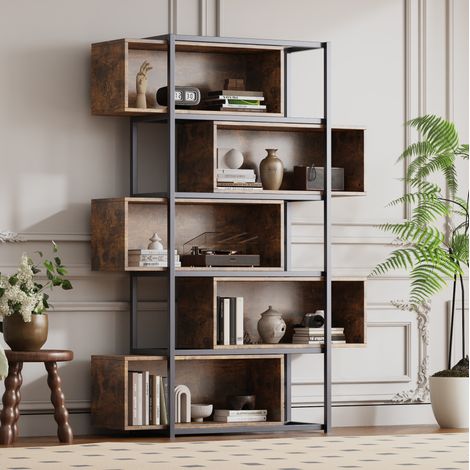 Librería negro y marrón en MDF de 5 estantes con diseño industrial y sistema antivuelco (1/5)