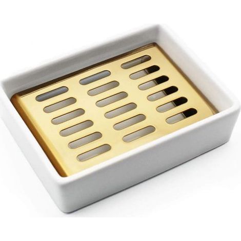 Jabonera de dos niveles de acero inoxidable dorado, con bandeja de cerámica y silicona antideslizante (A) (1/2)