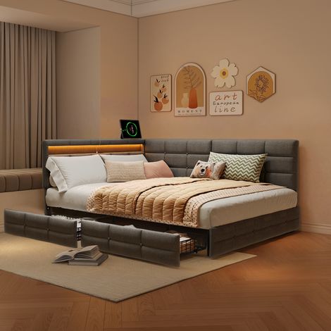 Cadre de Lit 140x200cm, LED et USB, 2 tiroirs, tissu en lin, Tête de lit en forme de L, Gris (1/5)