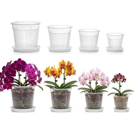 Set of 8 Transparent Orchid Pots, 4.3/5.5/6.3/19 cm, Plastic Plant Pot with Drainage Holes and Trays - Transparent Breathable Flower Pot for Root Growth and Growing (1/5)