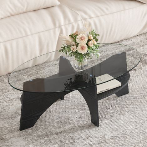 Couchtisch Glas oval 104,9x60x35,6 cm, moderner Beistelltisch mit Sicherheitsglas, MDF Gestell in schwarzer Holzoptik, Wohnzimmertisch