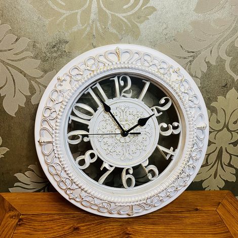 Horloge murale légère de luxe rétro de style européen en bois creux 12 pouces horloge créative silencieuse salon simple--(Blanc) (1/4)