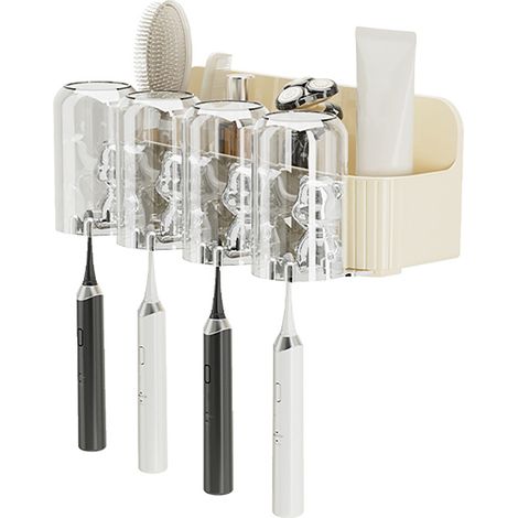 Étagère à brosses à dents en forme d'ours mignon avec presse-dentifrice automatique, en plastique, sans perforation, gain de place, support mural pour brosses à dents avec 4 emplacements. (1/5)