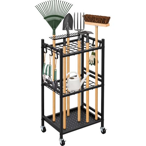 Support Range Outils de Jardin, 35 Emplacements avec Crochets, Porte-outils de Garage en Metal sur Roulettes pour Organisation et Stockage Abri Exterieur des Outils, Rateaux, Balais a Long Manche (1/5)