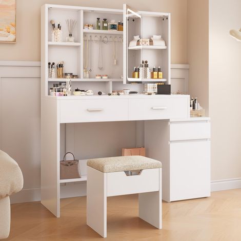 Coiffeuse avec LED, 3 Luminosité Réglable, Table de Maquillage avec Miroir, Jewellery Hooks, 5 Tiroirs, 6 Compartiments Ouverts, Tabouret, Moderne, Blanc (Coiffeuse + Tabouret) (1/5)