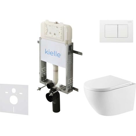 kielle Genesis New - Set bâti-support, WC Oudee, Vortex Rimless+, abattant softclose et bouton-poussoir Gemini New III, blanc brillant 30528SZ61