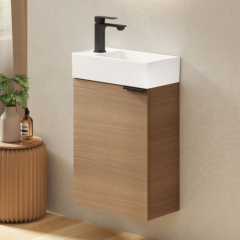 EMKE Waschtischunterschränke mit Keramikbecken Schmaler Waschbeckenunterschrank mit Höhenverstellbarem Regal 41.7 × 24 × 64.6 cm Sonoma Oak