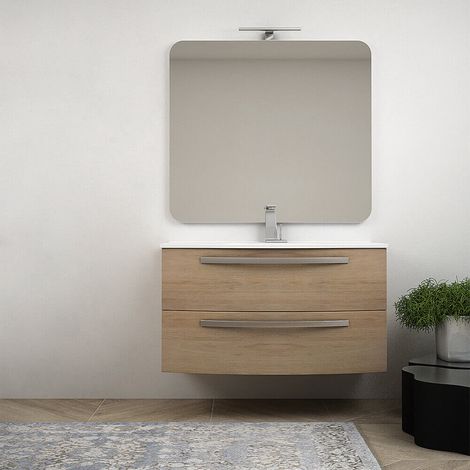 Mobile bagno Rovere tabacco 100 cm sospeso bombato modello Berlino  con colonna da 140 cm (1/5)