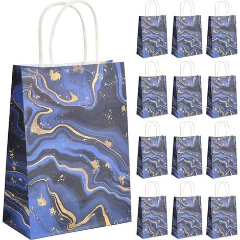 12 sacchetti regalo di carta, sacchetti regalo con manici, sacchetti di carta per feste, sacchetti per caramelle, sacchetti regalo marmorizzati per compleanni, matrimoni e feste (blu) (1/5)