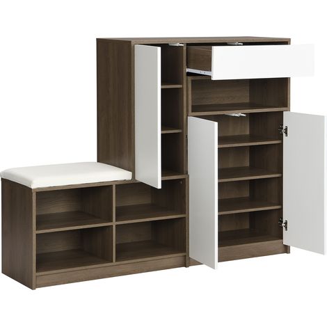 Banco zapatero multifuncional con asiento acolchado y estantes ajustables, blanco, HOMVRA (1/5)