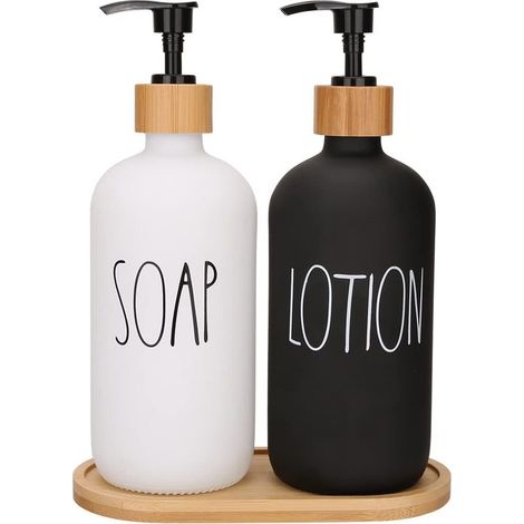 1 distributeur de savon, design noir et blanc, verre et bambou, pour savon liquide et lotion, avec plateau inclus (1/4)