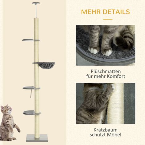 Arbre à chat plafond réglable en hauteur avec poteaux à griffer, perchoirs, hamac gris et blanc cassé pour amoureux des chats. (1/5)