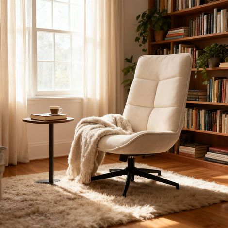 Fauteuil de Salon Confortable Pivotant, Chaise Relax Moderne avec Hauteur Réglable, Dossier Inclinable et Pliable, en Tissu Doux et Pieds Métal, Beige (1/5)