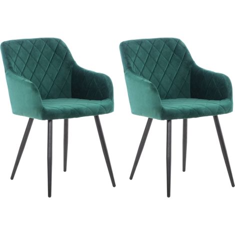 Lot de 2 chaises de salle à manger coutures en losanges style retro chic en tissu velours vert en pieds en métal noir 100001561
