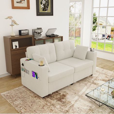 Sofá de 2 plazas 172/75/82 cm beige de chenilla con USB, portavasos y almacenaje (1/5)