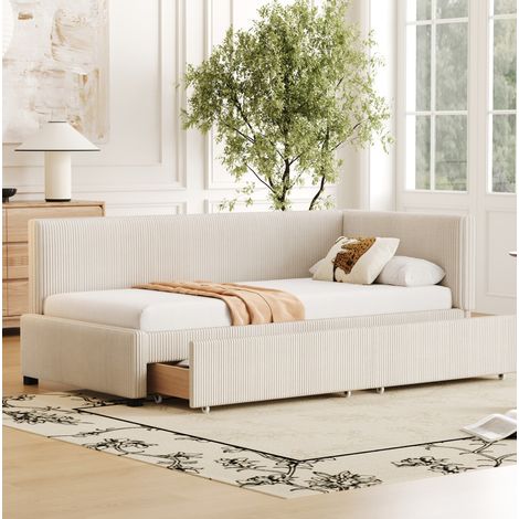 Bettsofa Mid-Century beige 90x200 cm mit reversiblem Kopfteil, 2 großen Schubladen und Lattenrost