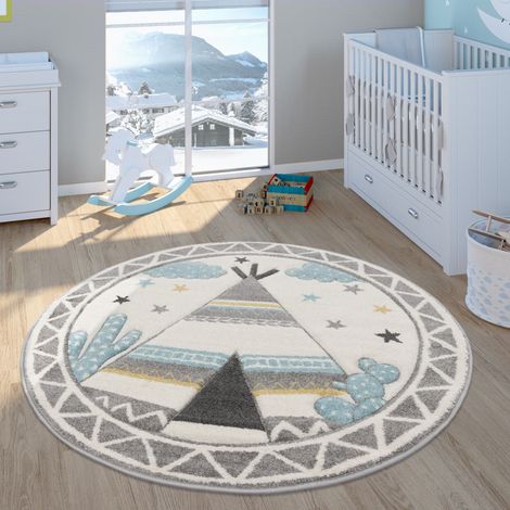 Paco Home Kinder-Teppich, Kinderzimmer Pastell Farben, Indianer-Zelt Motiv 3-D, in Cream Grau Ø 120 cm Rund