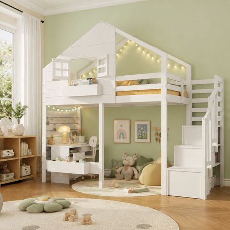 Cama alta infantil 90x200 cm de madera blanca, sin colchón, FloraGrace (1/5)