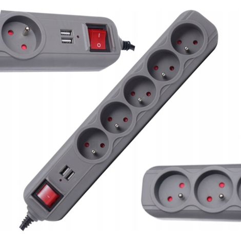 Cable alargador de 1,5 m con 2 puertos USB, 5 salidas de 230 V e interruptor. (1/5)