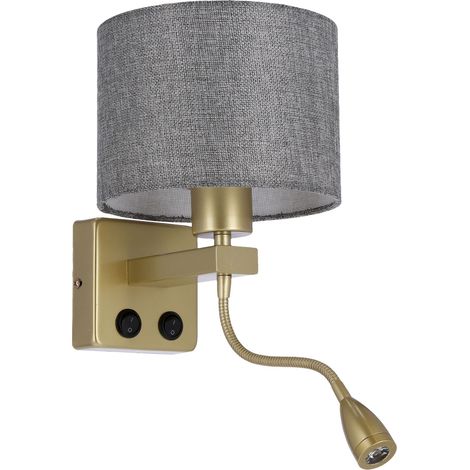 Applique murale or, abat-jour gris, liseuse LED E27