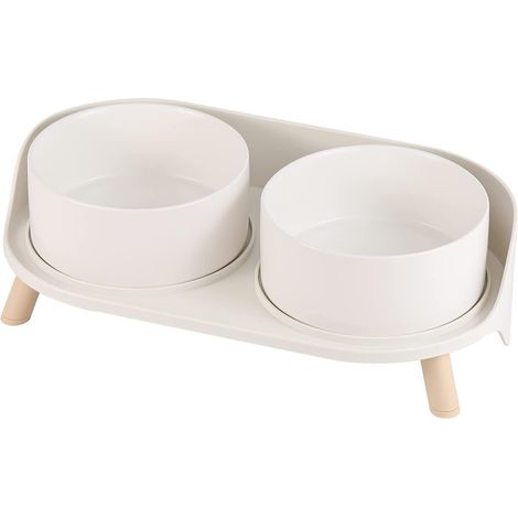 Lot de 2 gamelles surélevées en céramique pour Chien - Anti-éclaboussures avec Support - Double gamelle pour Chat - pour Chiens de Petite à Moyenne Taille et Grands Chats - 720 ML - Blanc (1/5)