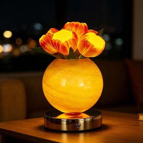 Jarrón Crystal Planet, luz nocturna LED táctil de 3 colores, lámpara decorativa floral regulable para dormitorio (Tulipán-Naranja) (1/5)