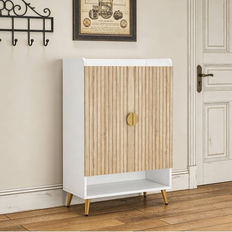 Meuble à chaussures 7 niveaux blanc aspect bois en métal et bois avec rangement fermé et tablette réglable (1/5)