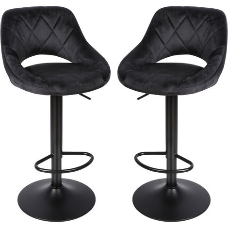 Lot de 2 tabourets de bar, tabourets de comptoir en velours, tabourets de bar creux, tabourets de bar pivotants avec dossier et repose-pieds, pour îlot de cuisine, hauteur réglable, noir (1/5)