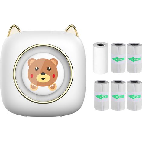 Imprimante d'étiquettes thermique Bluetooth C23 pour photos, carnets, journaux, reçus, imprimante White Bear avec 1 rouleau de papier thermique + 5 rouleaux de papier adhésif, batterie au lithium inté