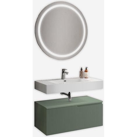 Mobile bagno sospeso con specchio tondo LED e lavabo 3 pezzi Venere - Verde (1/5)