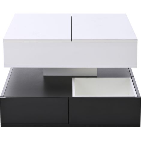 Quadratischer Couchtisch 70 x 70 x 40 cm weiß/schwarz, 360° drehbar, 3 Schubladen (1/5)
