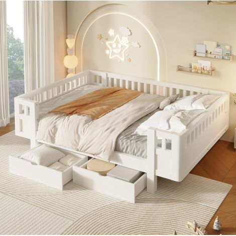 Kinderbett 140/200 cm Weiß mit hohem Schutzgitter und 2 Schubladen aus Massivholz (1/5)