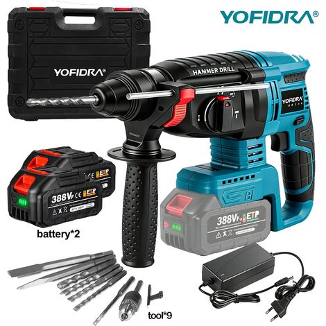 Perceuse à Percussion Électrique 26mm – Rotative 180° avec Mandrin Métallique. 4 Vitesses pour Béton et Acier. Compatible Batteries (Emballage en boîte en plastique amélioré)