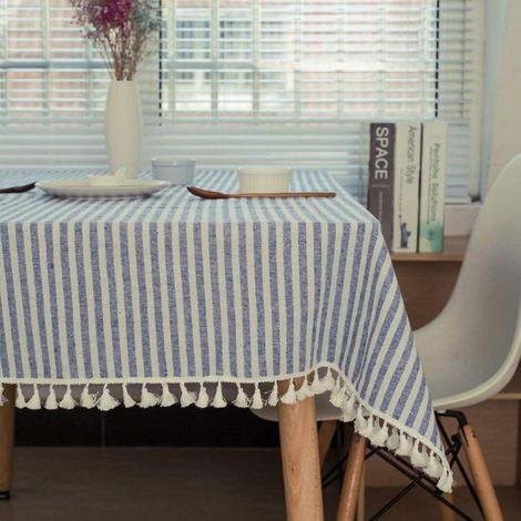 Gestreifter Tischläufer mit Fransen 140x140 cm Blau/Weiß Baumwollleinen