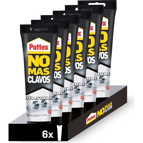 Pack de 6 unidades Pattex No Mas Clavos Invisible en Tubo Masilla para colgar sin taladrar la pared. Pega Madera, Aluminio, Piedra, Yeso, Cemento... (1/5)