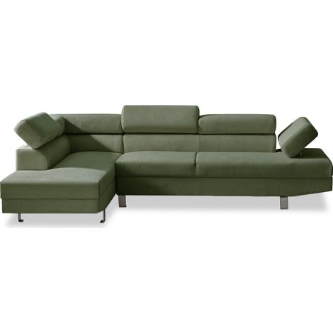 Canapé d'angle gauche avec têtières relevables Palerme velours côtelé vert