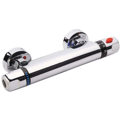 BUNTHAUS Thermostat-Duscharmatur, Wandmontage, mit 38°C-Sicherheitsknopf, Verbrühungsschutz, 150 mm Mittenabstand – Chrom